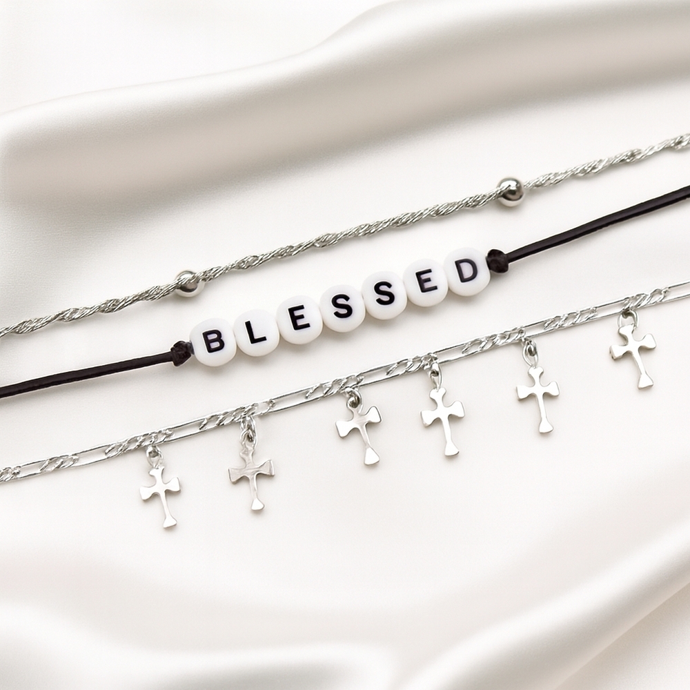 Blessed Charm Necklace – Black Cord, Silver Beads & Cross Accents, Faith Jewelry
